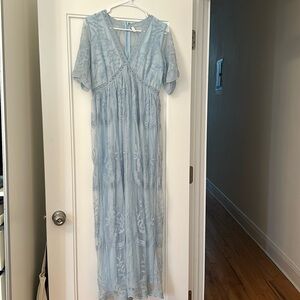 Light Blue Lace Mesh Overlay Maternity Maxi Dress